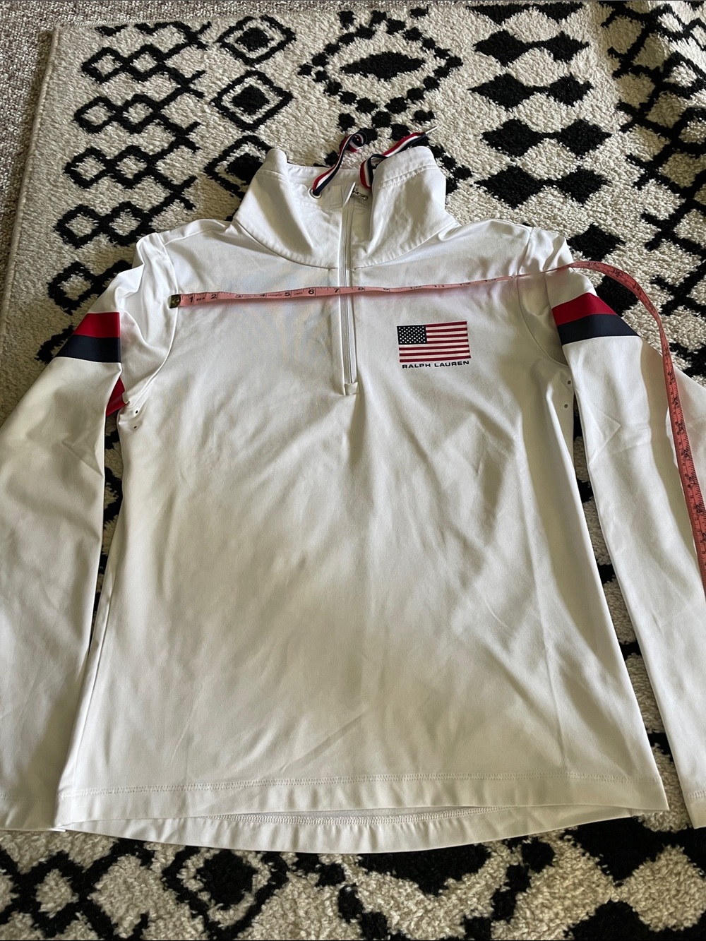 Ralph Lauren White Half-Zip Pullover with Red & Navy Sleeve Stripes